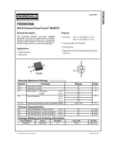 Fairchild FDD6530A 20V N-Channel PowerTrench MOSFET Datasheet - cover page