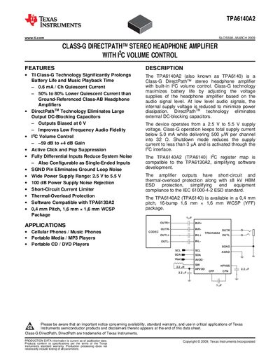 Texas Instruments TPA6140A2 Stereo Headphone Amplifier Datasheet - cover page