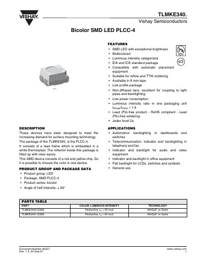 Vishay TLMKE340 Bicolor SMD LED PLCC-4 Datasheet - cover page
