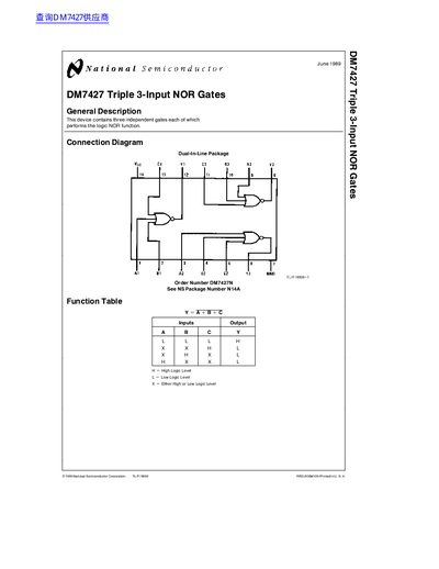 National Semiconductor DM7427 Triple 3-Input NOR Gates Datasheet - cover page