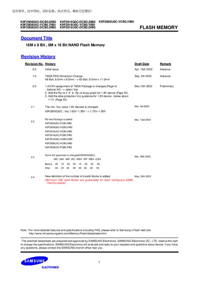 Samsung K9F2808U0C-VCB0 VIB0 Data Sheet  - cover page