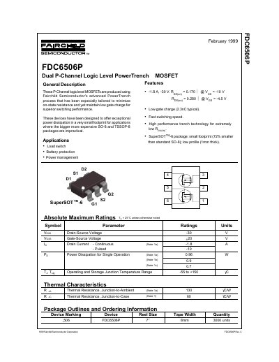 Fairchild Semiconductor FDC6506P Dual P-Channel MOSFET Datasheet - cover page