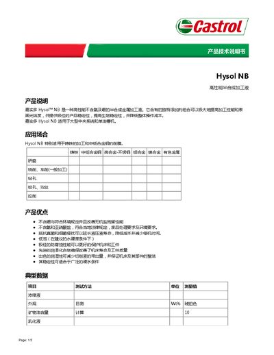 Castrol Hysol NB Cutting Fluid Product Technical Specification - cover page