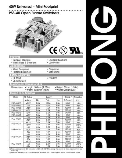Phihong PSS-40 40W Universal Mini Footprint Open Frame Switcher Datasheet