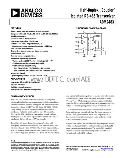 Analog Devices ADM2483 Isolated RS-485 Transceiver Datasheet - cover page
