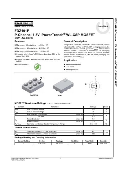Fairchild Semiconductor FDZ191P P-Channel MOSFET Datasheet - cover page