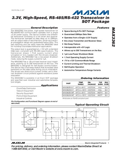 Maxim Integrated MAX3362 High-Speed RS-485/RS-422 Transceiver Datasheet