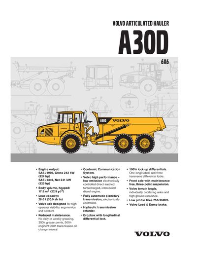 Volvo A30D 6x6 Articulated Hauler Technical Specification and User Manual - cover page