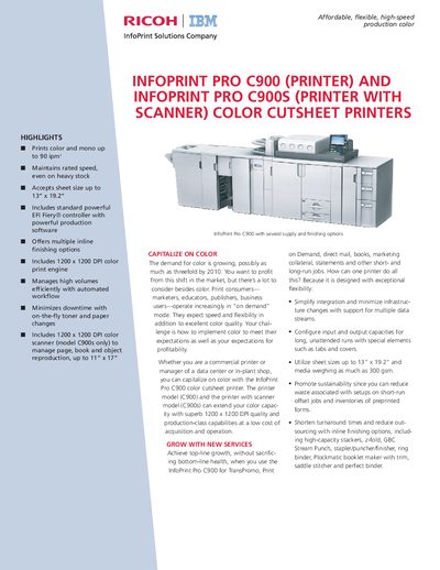 Ricoh InfoPrint Pro C900/C900s Color Cutsheet Printer Datasheet - cover page