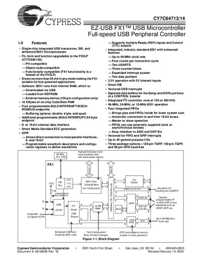 Cypress CY7C64713/14 EZ-USB FX1 USB Microcontroller Datasheet - cover page