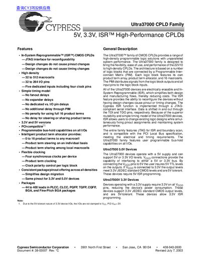 Cypress Ultra37000 CPLD Family Selection Guide - cover page