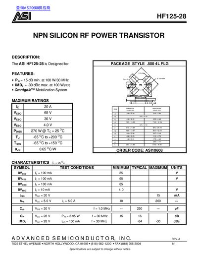 ASI HF125-28 NPN Silicon RF Power Transistor Datasheet - cover page