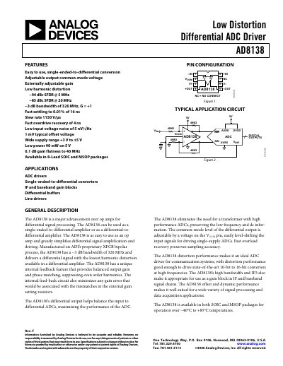 Analog Devices AD8138 Low Distortion Differential ADC Driver Handbook - cover page