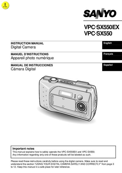 Sanyo VPC-SX550EX VPC-SX550 Digital Camera User Manual - cover page