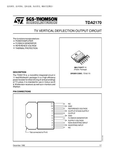 SGS‑Thomson TDA2170 TV Vertical Deflection Output Circuit Datasheet - cover page