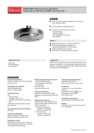 Labom DA Series Diaphragm Seal Datasheet - cover page