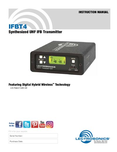 Lectrosonics IFBT4 UHF IFB Transmitter Instruction Manual - cover page