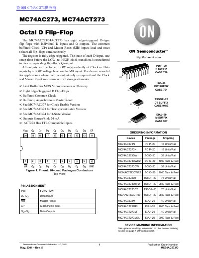 ON Semiconductor MC74AC273/MC74ACT273 Octal D Flip-Flop Datasheet - cover page