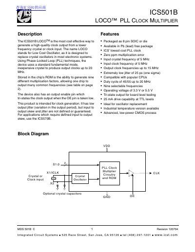 Integrated Circuit Systems ICS501B LOCO PLL Clock Multiplier Datasheet - cover page