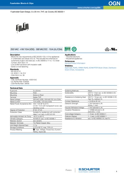 SCHURTER Fuseholder Open Design 5 x 20 mm THT var. Covers IEC 60335-1 - cover page