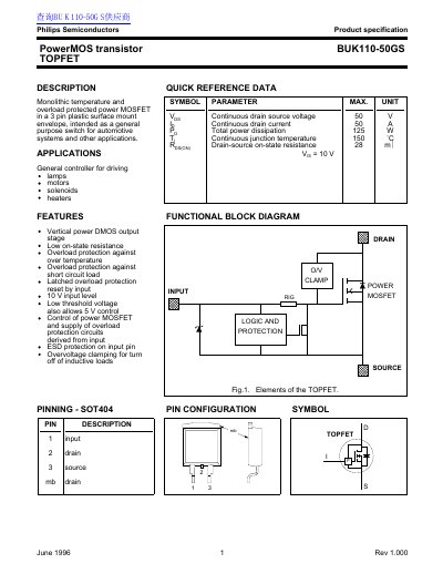 Philips BUK110-50GS PowerMOS Transistor Datasheet - cover page