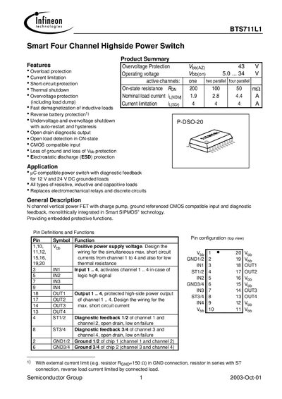 Infineon BTS711L1 Smart Four‑Channel Highside Power Switch Datasheet - cover page