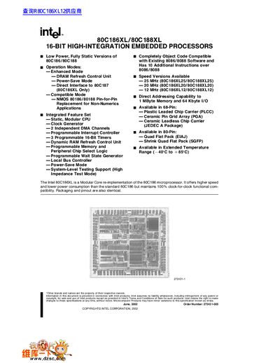 Intel 80C186XL/80C188XL 16-Bit High-Integration Embedded Processors Datasheet - cover page