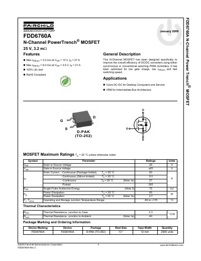 Fairchild Semiconductor FDD6760A N-Channel Power Trench MOSFET Datasheet - cover page