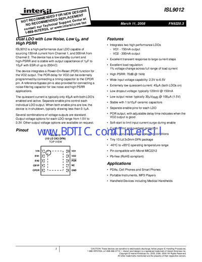 Intersil ISL9012 Dual LDO Datasheet - cover page
