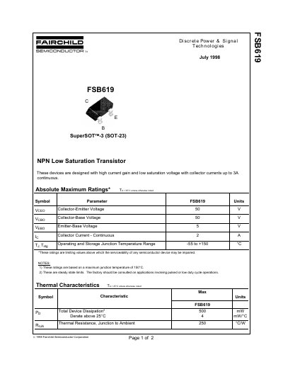 Fairchild FSB619 NPN Low Saturation Transistor Datasheet - cover page