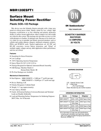 ON Semiconductor MBR120ESFT1 Schottky Power Rectifier Datasheet - cover page