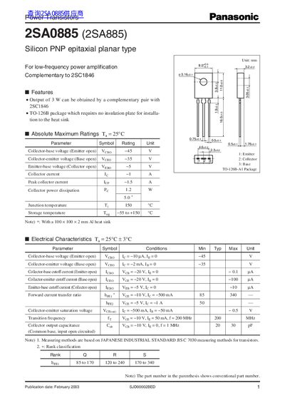 Panasonic 2SA08885(2SA885) Manual - cover page