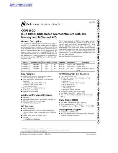 National Semiconductor COP888GD 8-Bit CMOS ROM Based Microcontrollers with 16k Memory 8-Channel A/D handbook - cover page