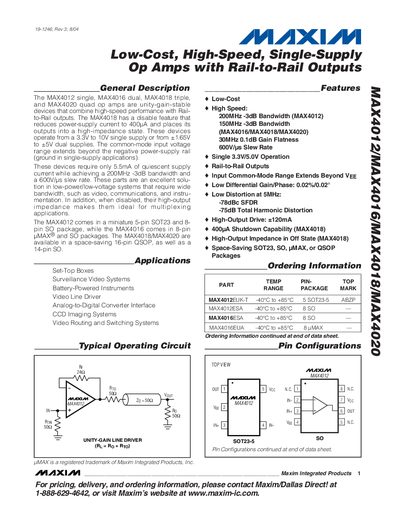 MAXIM MAX4012/MAX4016/MAX4018/MAX4020 Low-Cost High-Speed Single-Supply Op Amps with Rail-to-Rail Outputs handbook - cover page