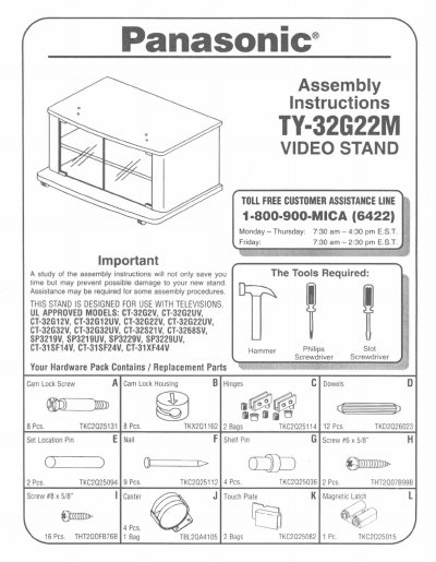 Panasonic TY-32G22M Video Stand Assembly Instructions - cover page