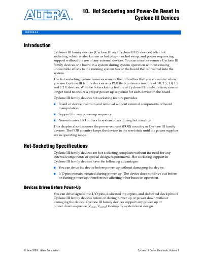 Altera Cyclone III Hot-Socketing and Power-On Reset Manual - cover page