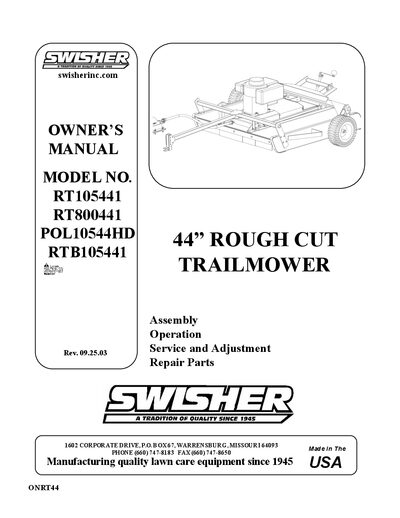 Swisher RT105441RT800441POL10544HDRTB105441 Rough Cut TrailMower Owner's Manual