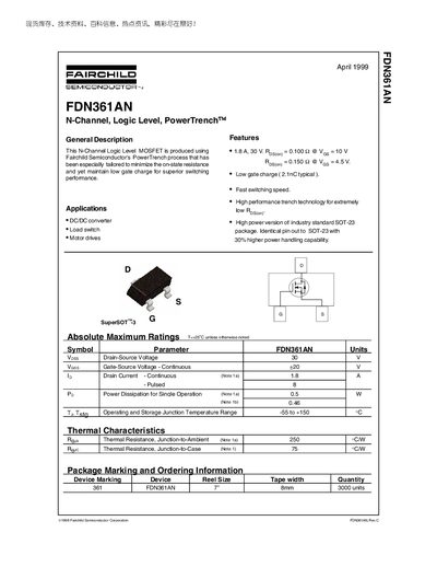 Fairchild FDN361AN N-Channel Logic Level PowerTrench MOSFET Datasheet