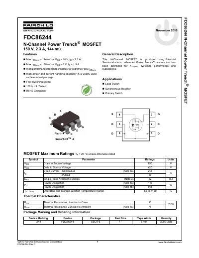 Fairchild FDC86244 N-Channel Power Trench MOSFET Datasheet - cover page
