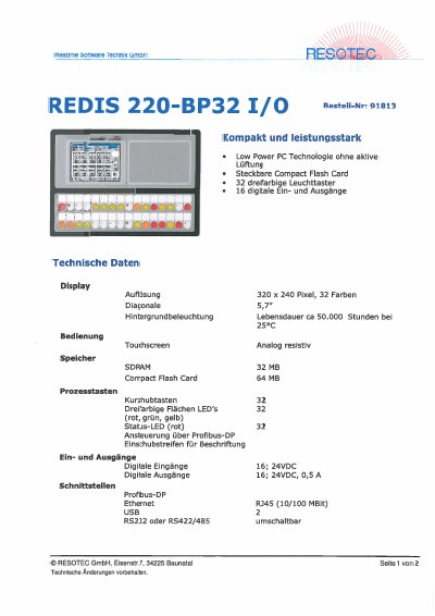 REDIS 220-BP32 I/O Technical Data Sheet - cover page
