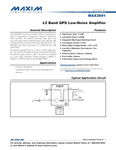 Maxim MAX2691 L2 Band GPS Low-Noise Amplifier Datasheet - cover page