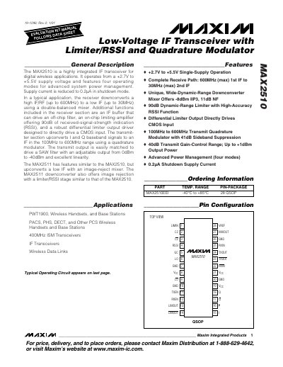 Maxim MAX2510 Low-Voltage IF Transceiver Data Sheet - cover page