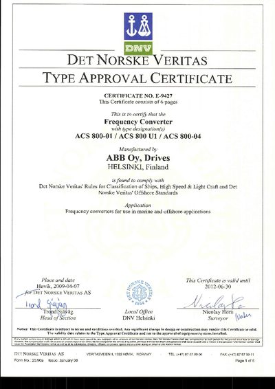 DNV Type approval certificate for ACS800-01/ACS800-U1/ACS800 Manual - cover page