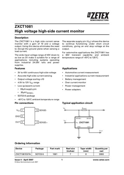 Zetex ZXCT1081 High‑Side Current Monitor Datasheet - cover page