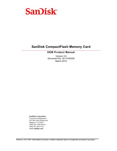 SanDisk CompactFlash Memory Card OEM Product Manual - cover page
