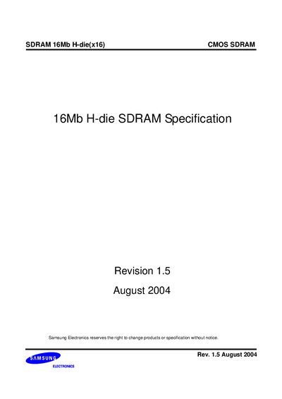 Samsung SDRAM 16Mb H-die(x16) Data Sheet - cover page