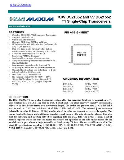 Maxim DS21352/DS21552 T1 Single-Chip Transceivers Datasheet - cover page