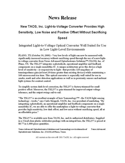 TAOS TSL257 Light-to-Voltage Converter News Release - cover page