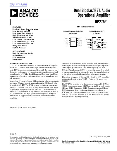 Analog Devices OP275 Dual Bipolar/JFET Audio Operational Amplifier Datasheet - cover page