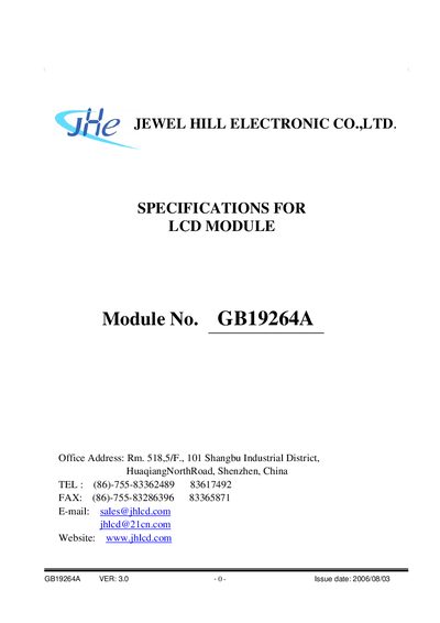 Jewel Hill GB19264A LCD Module Datasheet - cover page